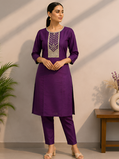 Deep Purple Silk Blend Kurti With Pant