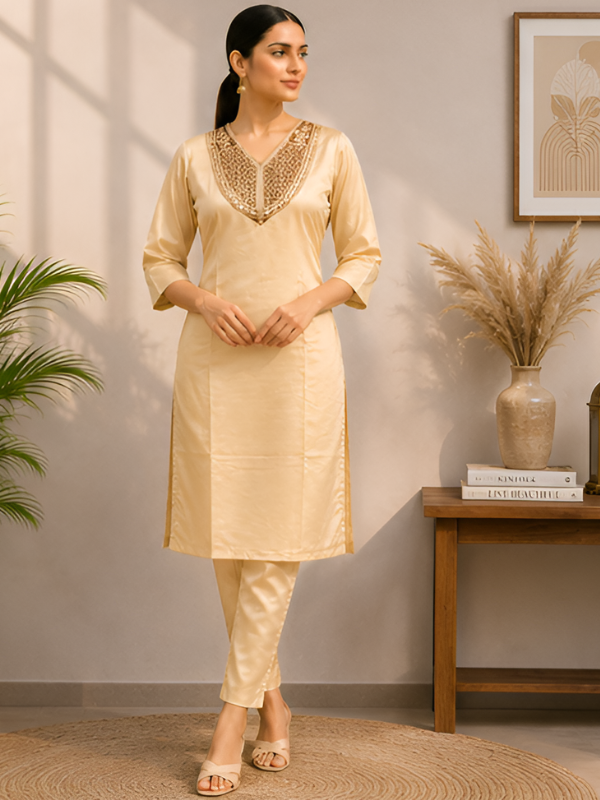 Cream Silk Blend Kurti With Pant