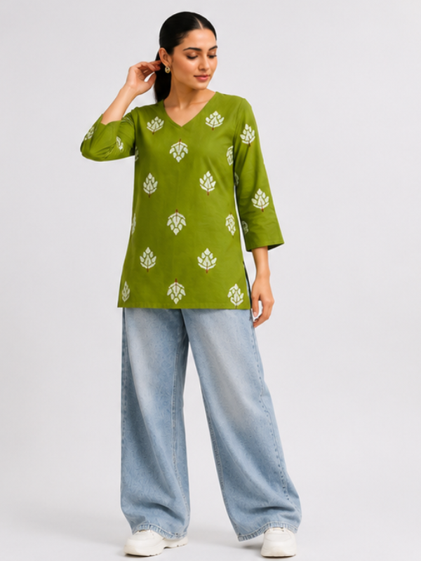 Olive Green Pure Cotton Short Straight Kurti