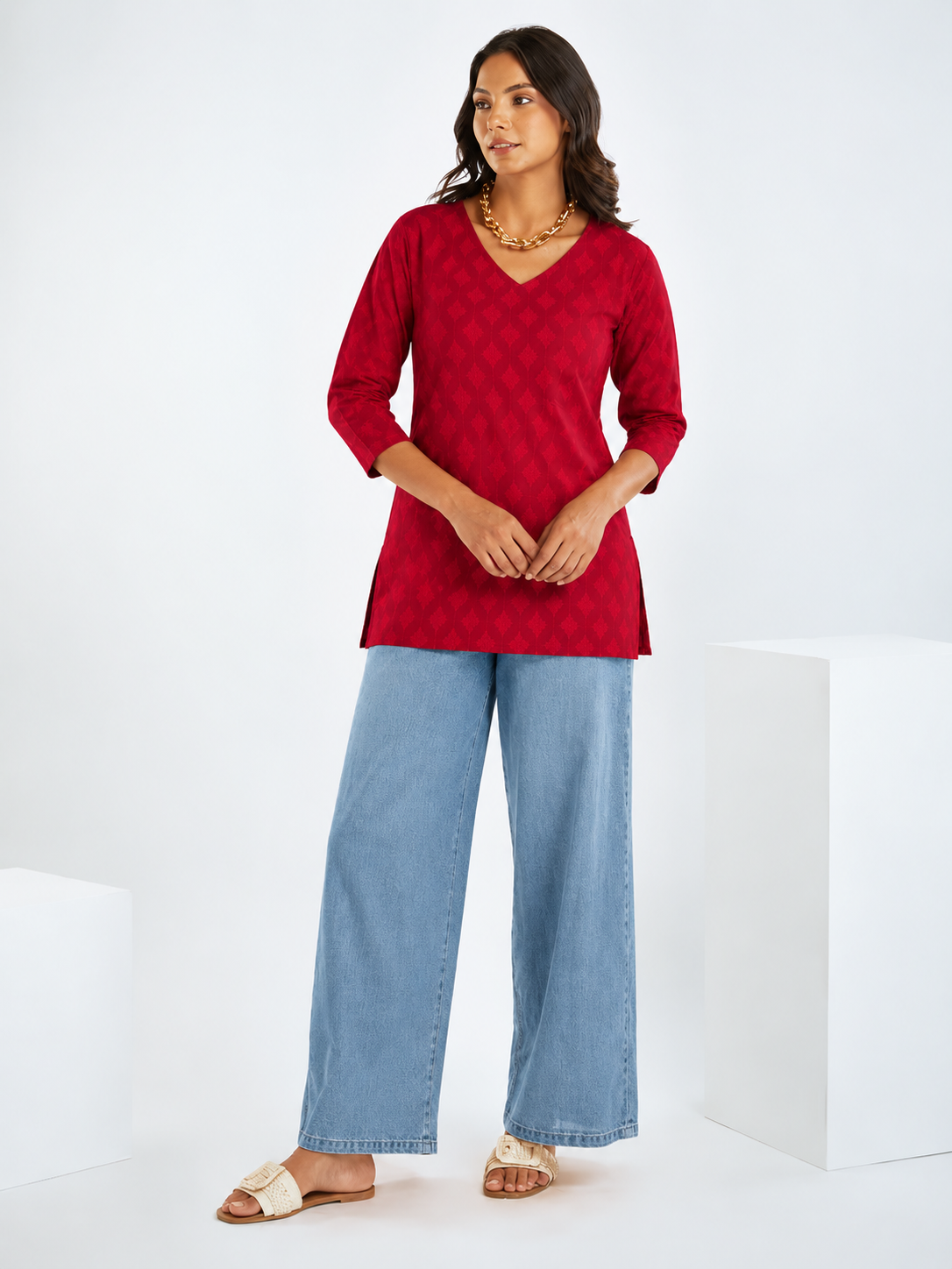 Red Pure Cotton Short Straight Kurti