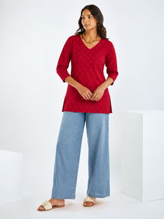 Red Pure Cotton Short Straight Kurti