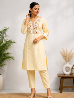 Cream Silk Blend Embroidered Kurti & Pant