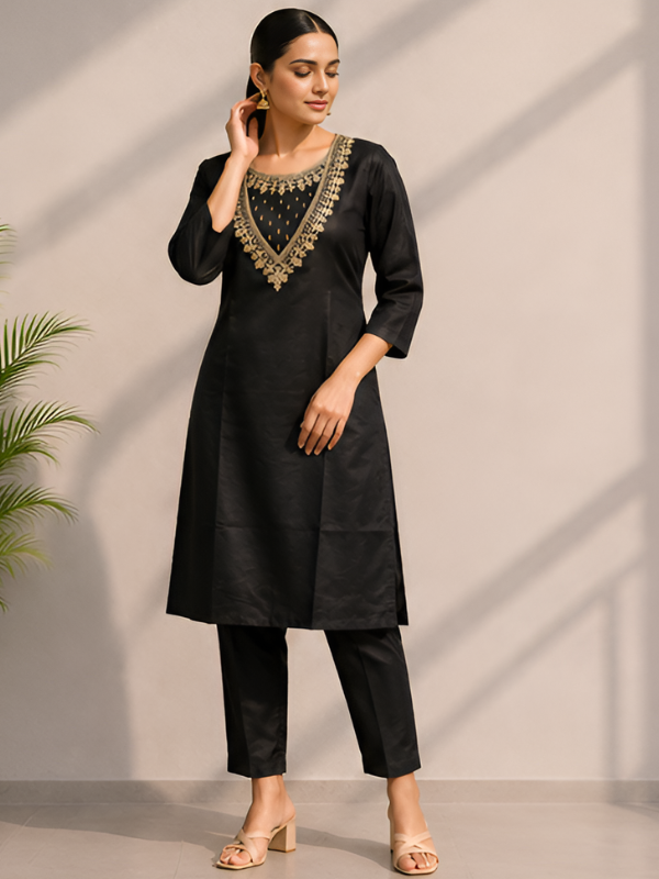 Black Silk Blend Embroidered Kurti & Pant