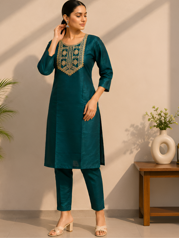 Peacock Green Silk Blend Kurti With Pant