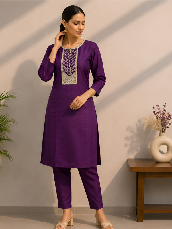 Deep Purple Silk Blend Kurti With Pant
