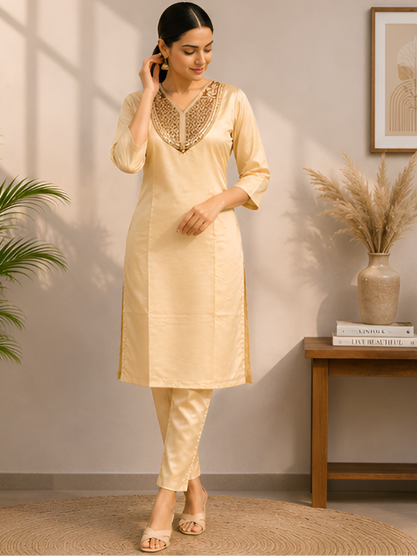 Cream Silk Blend Kurti With Pant