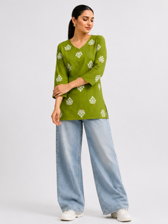 Olive Green Pure Cotton Short Straight Kurti