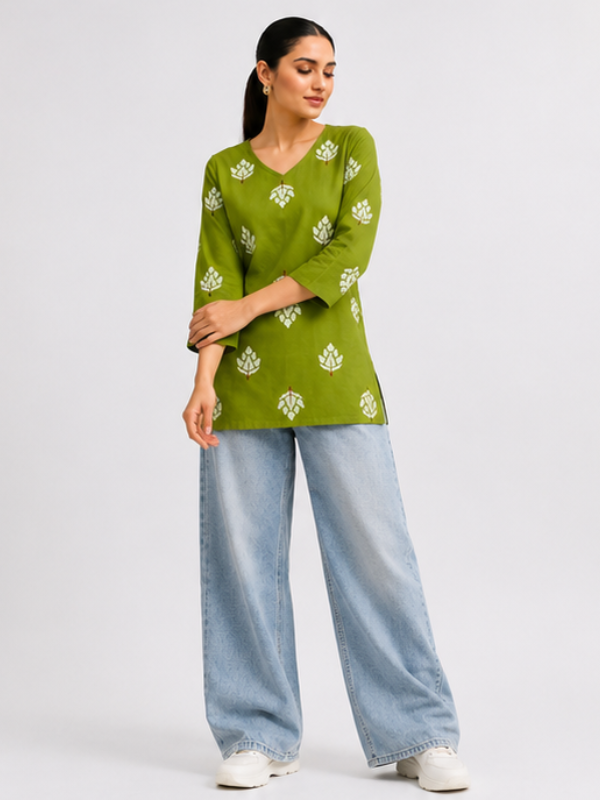 Olive Green Pure Cotton Short Straight Kurti