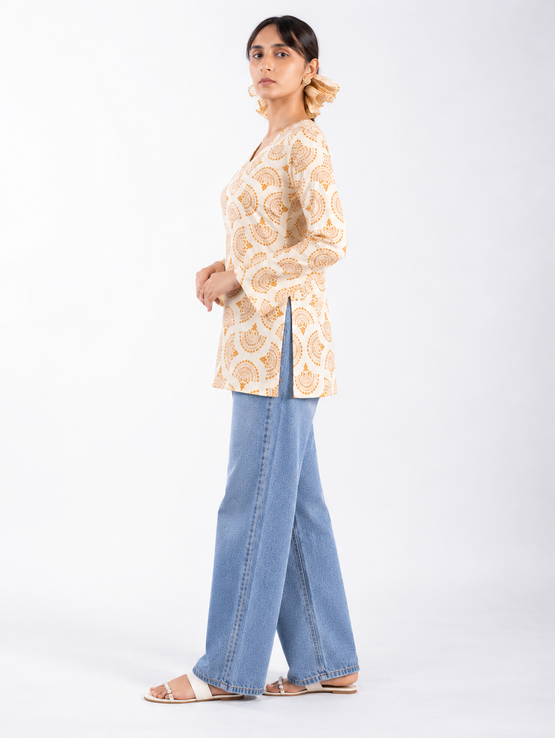 Cream Cotton Short Straight Kurti