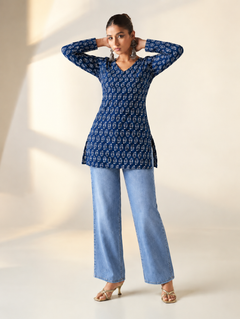 Navy Blue Cotton Short Straight Kurti