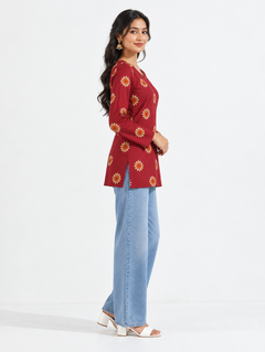 Red Floral Pure Cotton Short Straight Kurti