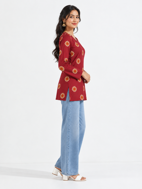 Red Floral Pure Cotton Short Straight Kurti