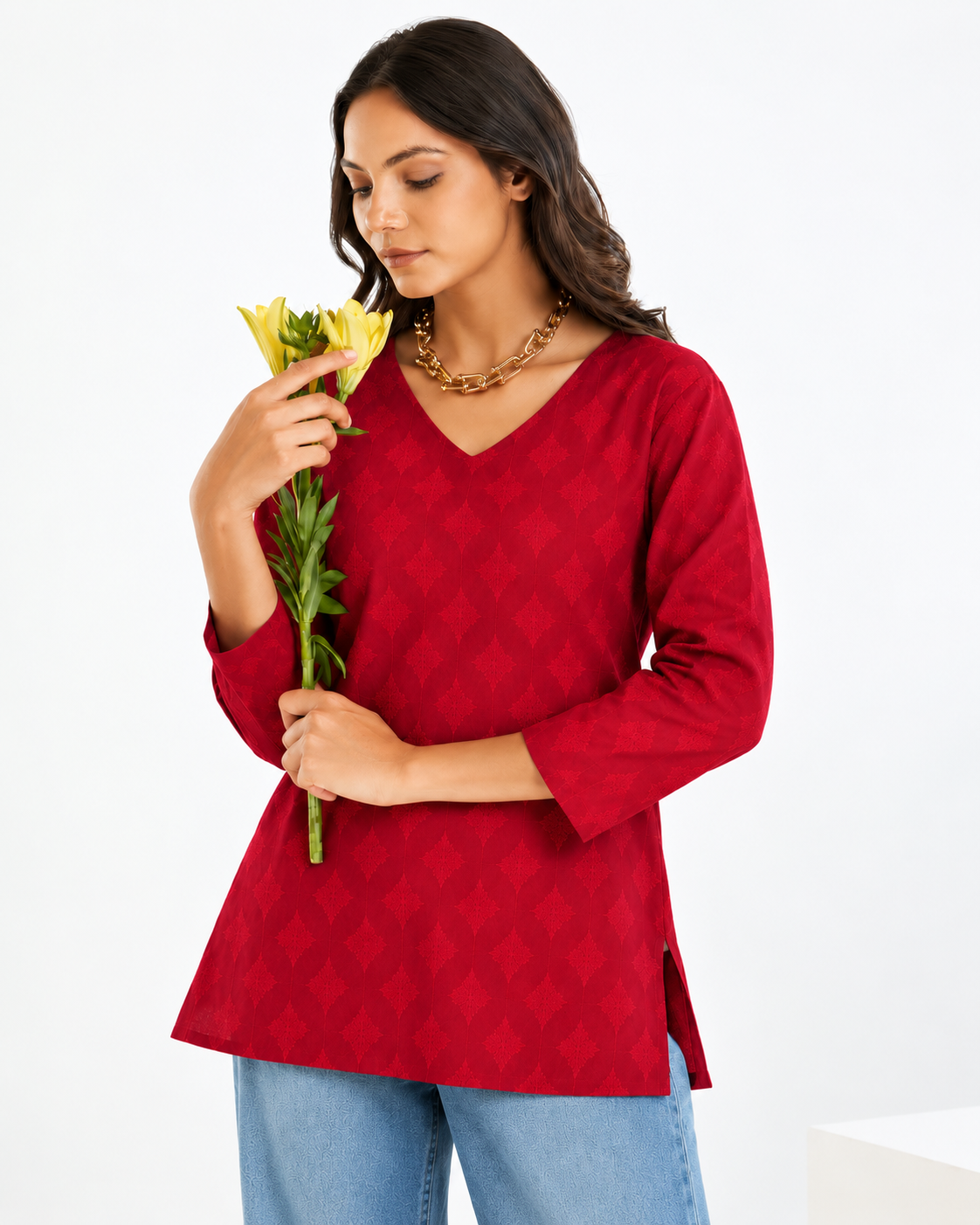 Red Pure Cotton Short Straight Kurti