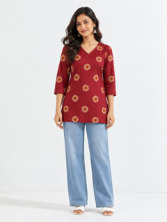 Red Floral Pure Cotton Short Straight Kurti