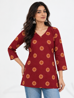 Red Floral Pure Cotton Short Straight Kurti