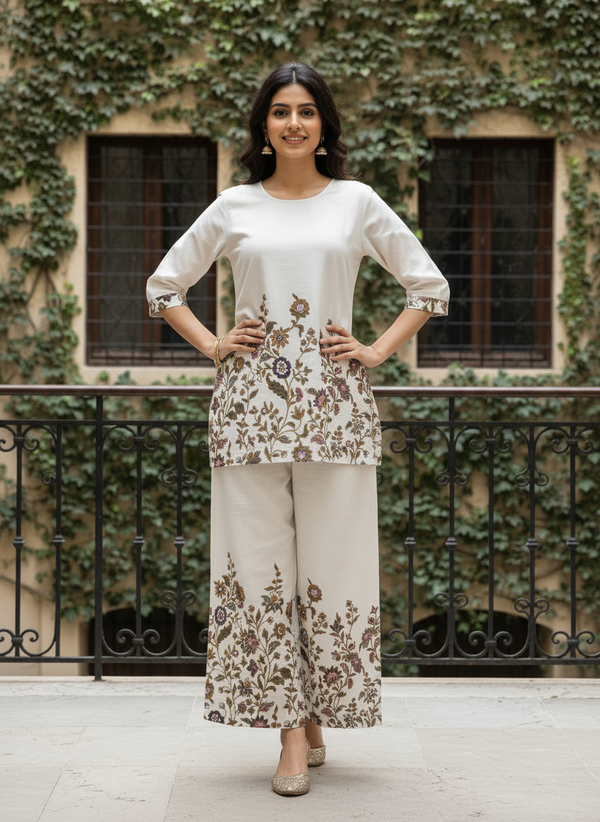 White Khadi Cotton Printed Co-ord Set for Women
