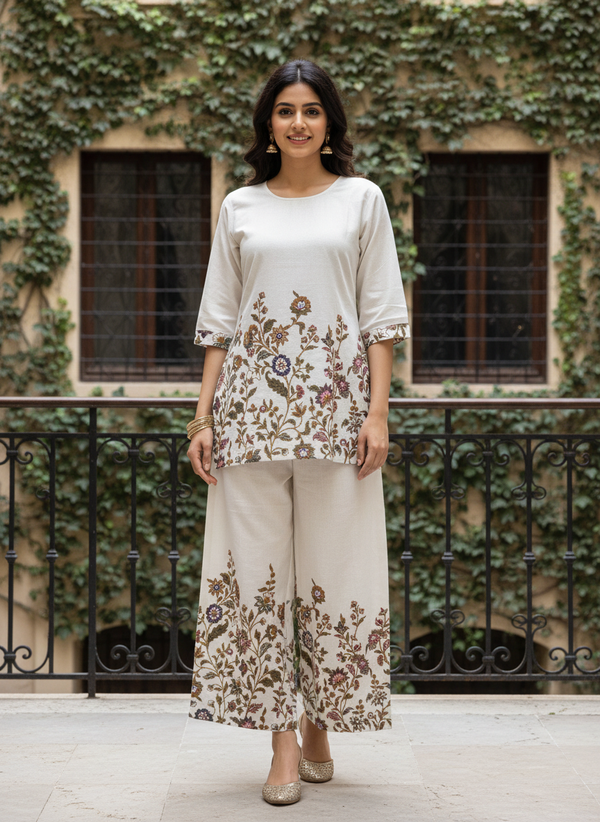 White Khadi Cotton Printed Co-ord Set for Women