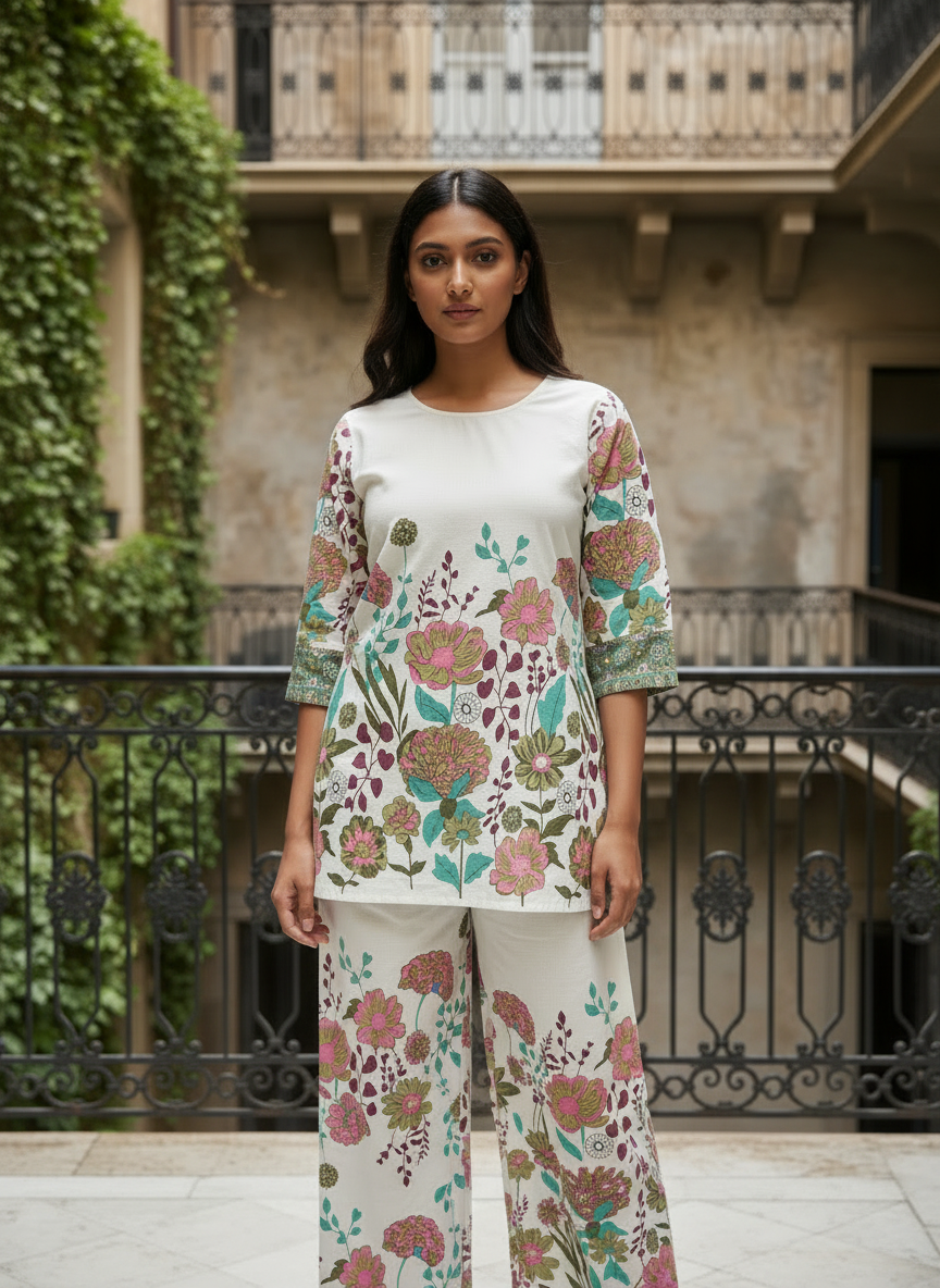 White Khadi Cotton Co-ord Set with Table Print Kurti