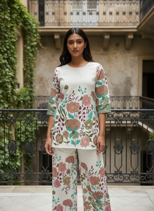 White Khadi Cotton Co-ord Set with Table Print Kurti
