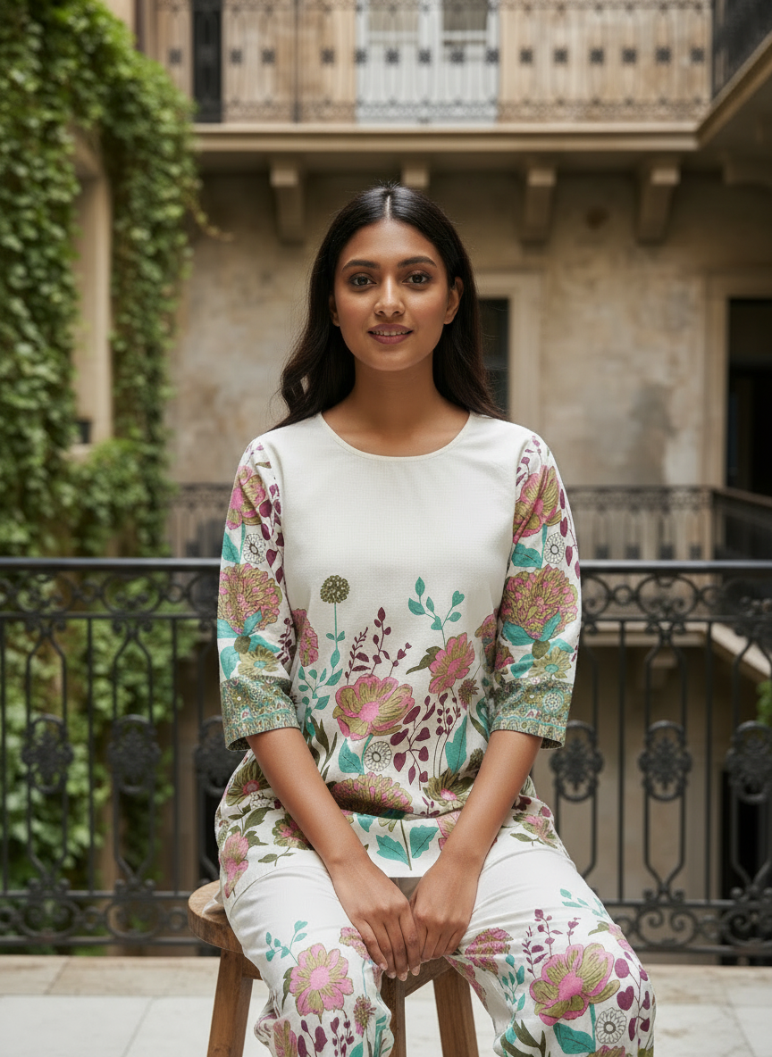 White Khadi Cotton Co-ord Set with Table Print Kurti