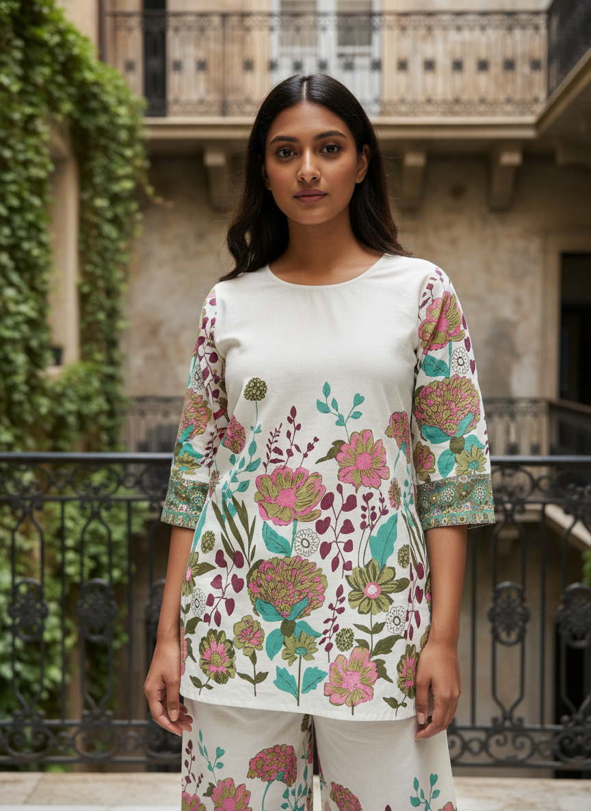 White Khadi Cotton Co-ord Set with Table Print Kurti