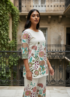 White Khadi Cotton Co-ord Set with Table Print Kurti