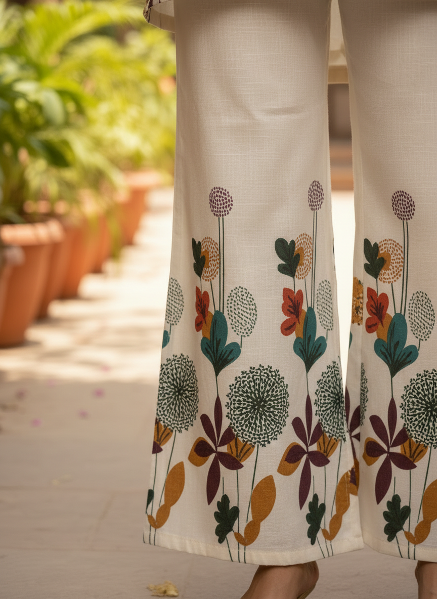White Khadi Cotton Co-ord Set with Table Print Kurti