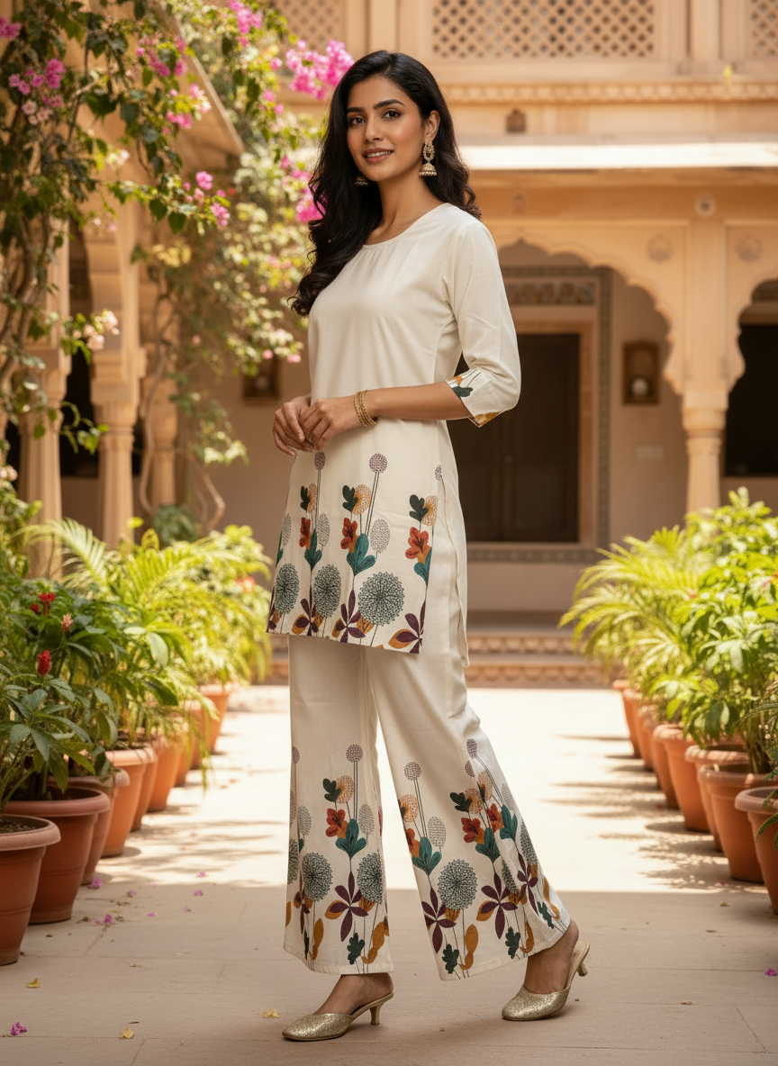 White Khadi Cotton Co-ord Set with Table Print Kurti