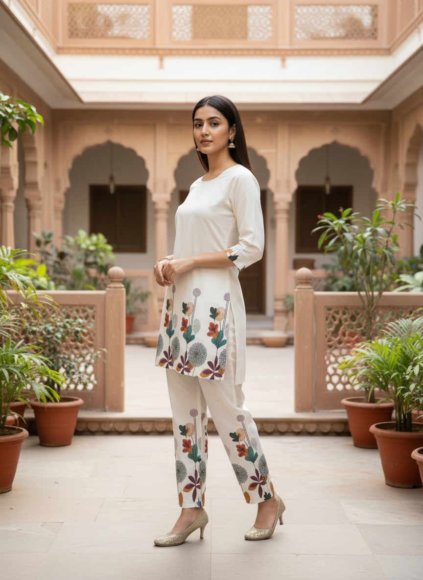 White Khadi Cotton Co-ord Set with Table Print Kurti