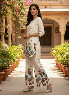 White Khadi Cotton Co-ord Set with Table Print Kurti