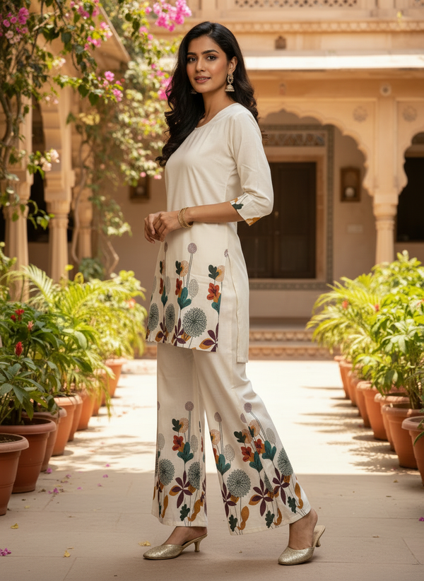 White Khadi Cotton Co-ord Set with Table Print Kurti