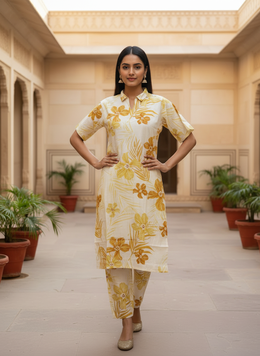 Yellow Vertican Co-ord Set with Printed Straight Kurti