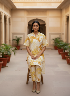 Yellow Vertican Co-ord Set with Printed Straight Kurti