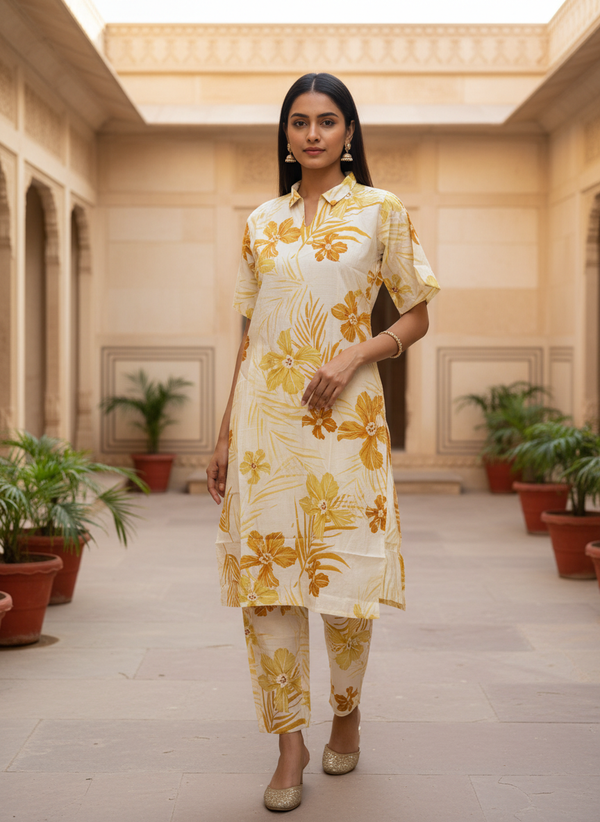 Yellow Vertican Co-ord Set with Printed Straight Kurti