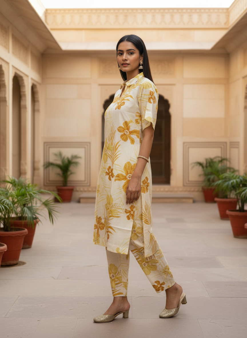 Yellow Vertican Co-ord Set with Printed Straight Kurti