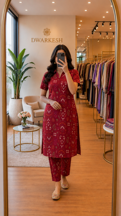 Red Vertican Co-ord Set with Printed Straight Kurti
