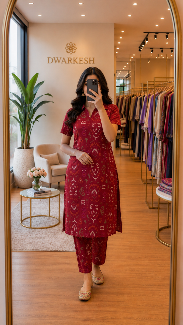 Red Vertican Co-ord Set with Printed Straight Kurti