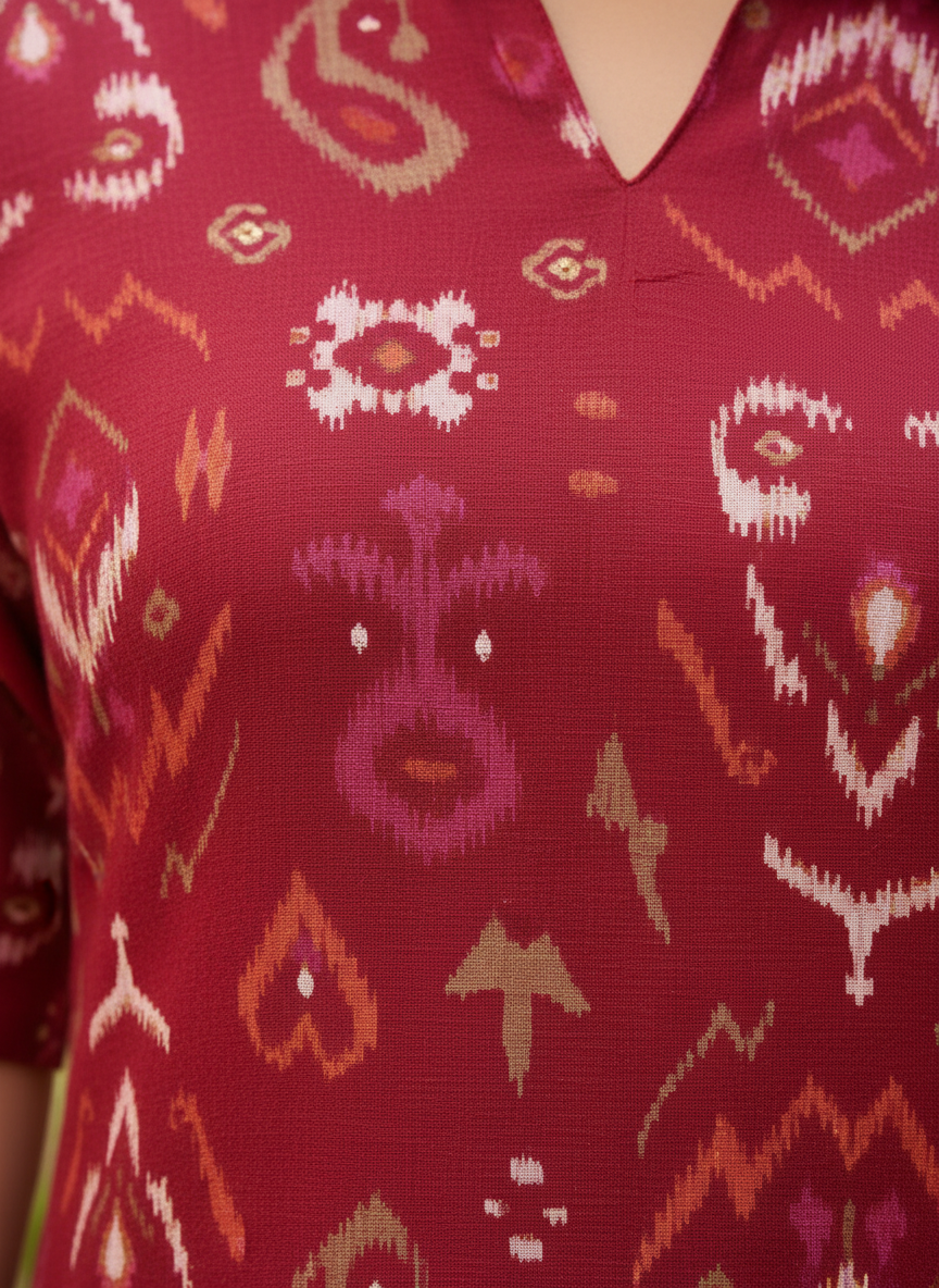 Red Vertican Co-ord Set with Printed Straight Kurti