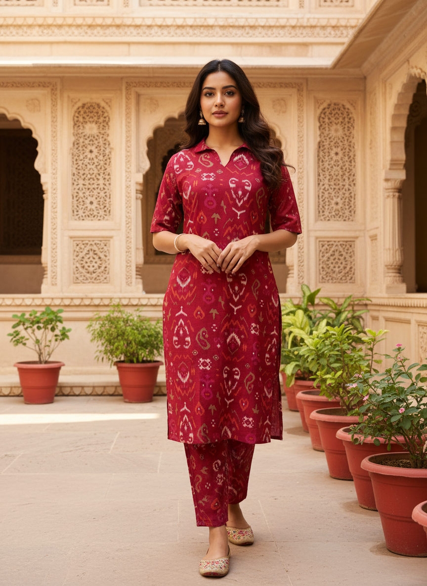 Red Vertican Co-ord Set with Printed Straight Kurti