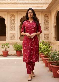 Red Vertican Co-ord Set with Printed Straight Kurti