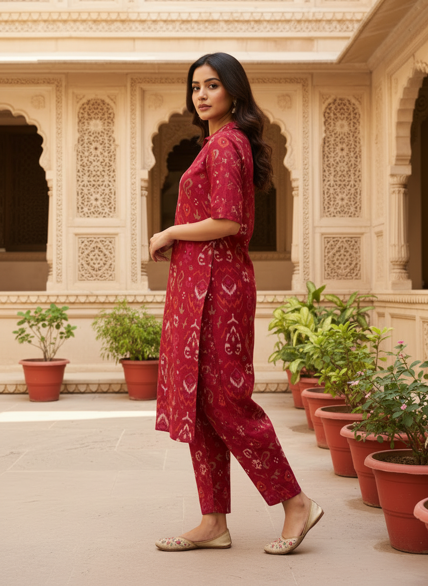 Red Vertican Co-ord Set with Printed Straight Kurti