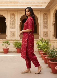Red Vertican Co-ord Set with Printed Straight Kurti