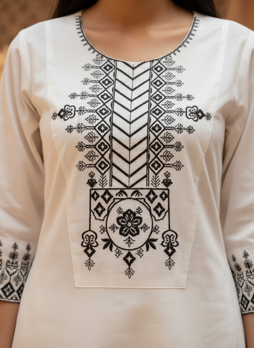 White Khadi Cotton Co-ord Set with Embroidered Kurti