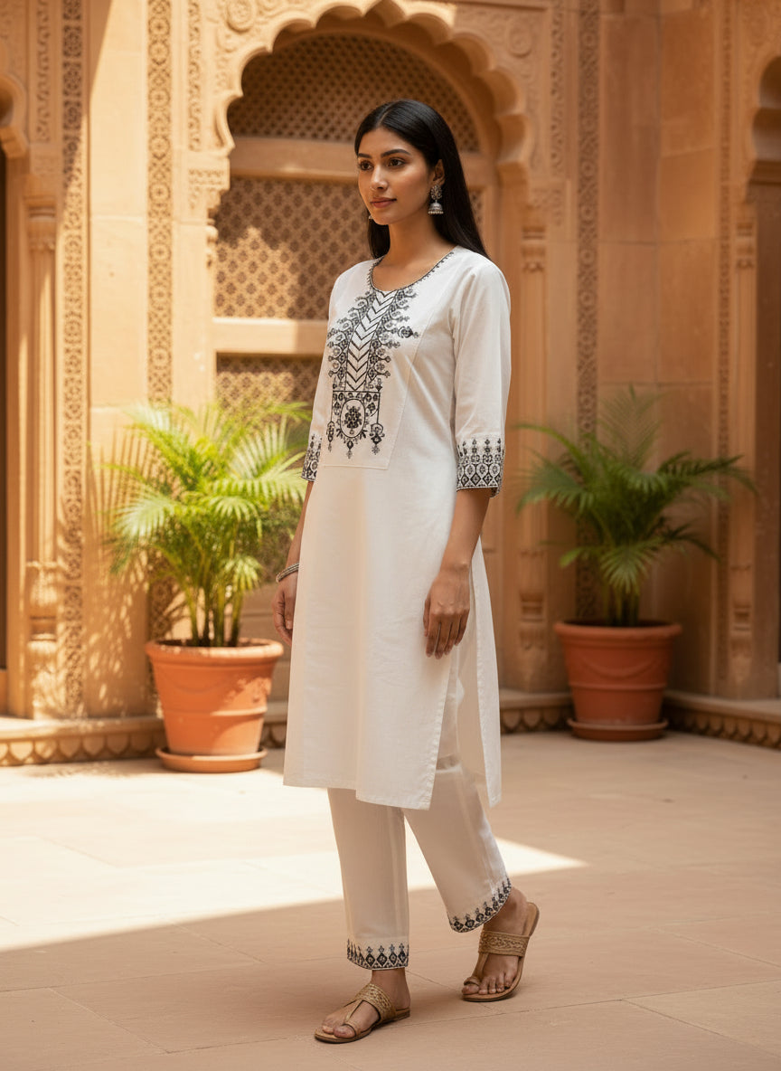 White Khadi Cotton Co-ord Set with Embroidered Kurti
