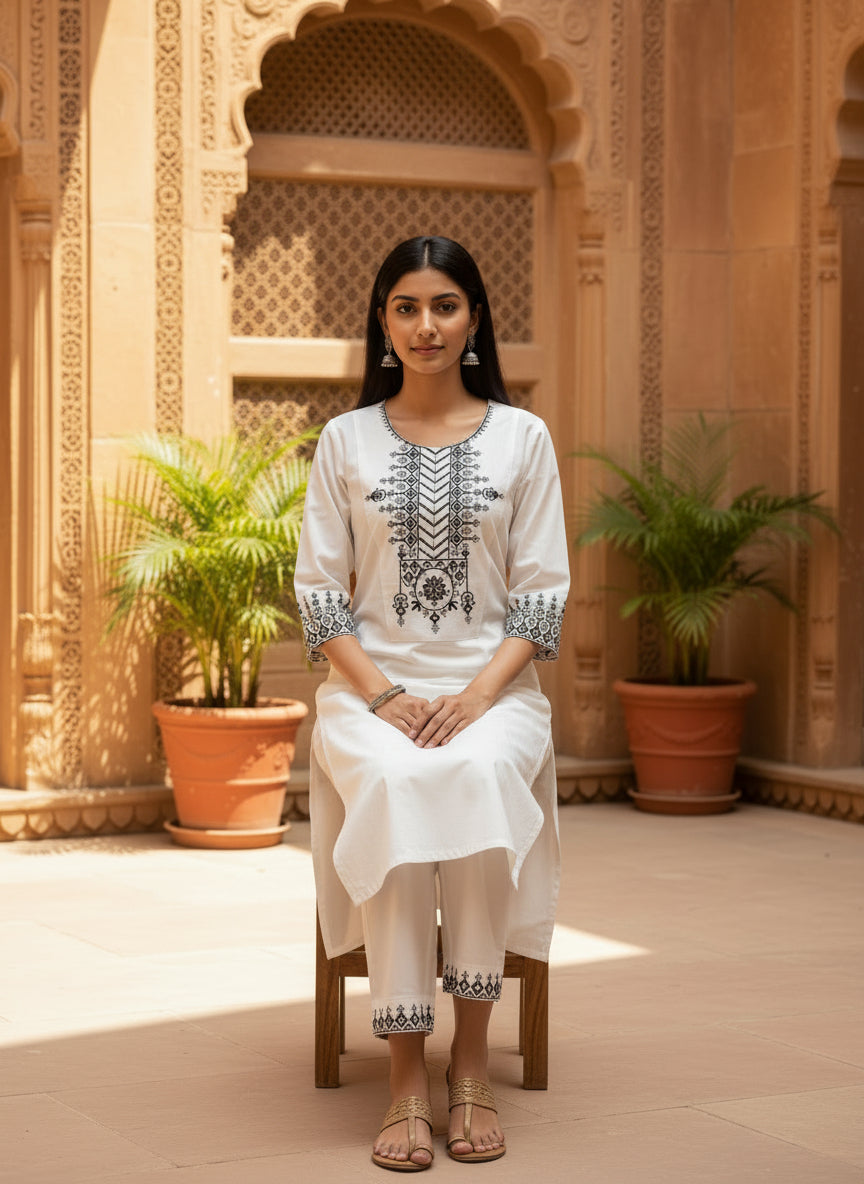 White Khadi Cotton Co-ord Set with Embroidered Kurti