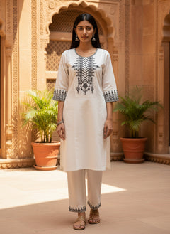 White Khadi Cotton Co-ord Set with Embroidered Kurti