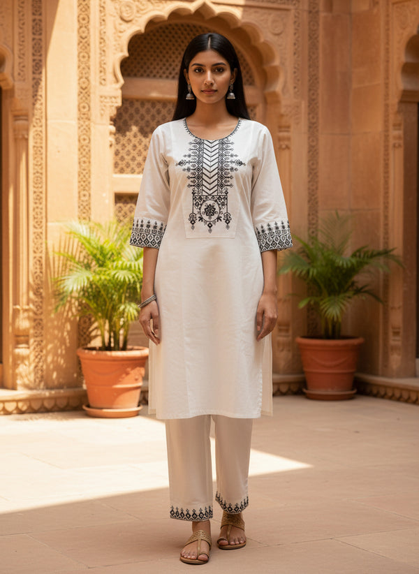 White Khadi Cotton Co-ord Set with Embroidered Kurti