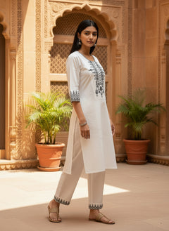 White Khadi Cotton Co-ord Set with Embroidered Kurti
