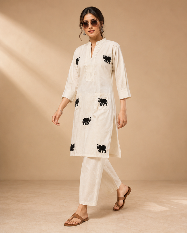 White Khadi Cotton Co-ord Set with Embroidered Kurti