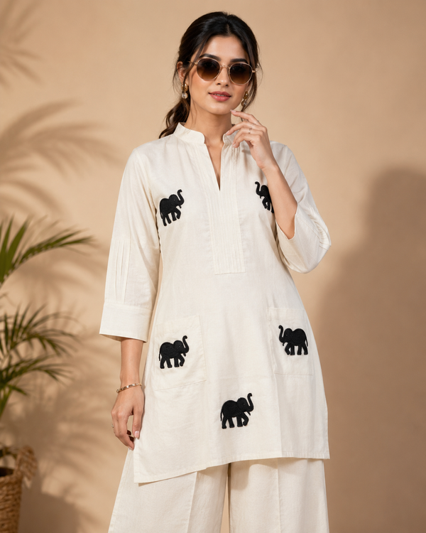 White Khadi Cotton Co-ord Set with Embroidered Kurti